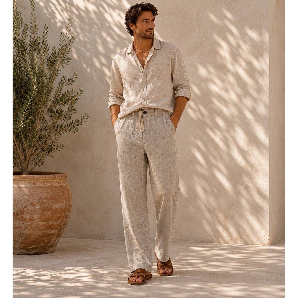 Old Navy Men's Flax Linen Drawstring Pants L Beige Coastal Resort Relaxed Fit